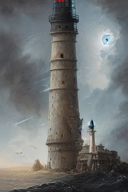 Prompt: Detailed Exterior Shot of Lighthouse of Alexandria, light of sorrow, black moonlight shafts, swarm of bats, sorrowful atmosphere, in Style of Peter Mohrbacher, cinematic lighting