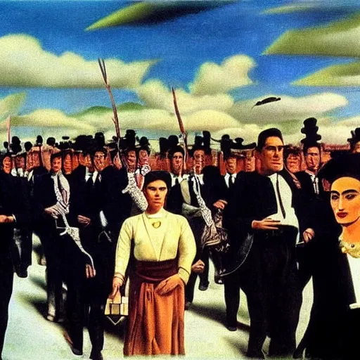 Image similar to a crowd of men in suits marching in a surrealistic city, cinematic dramatic lighting, matte painting, Salvador Dali, René Magritte, Frida Kahlo