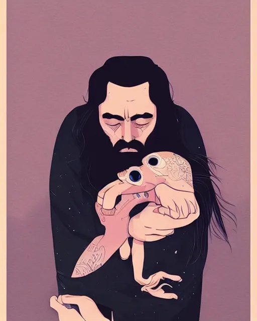 Prompt: portrait of an unkle moon with long black hair and beard and his imaginary bird friend dudek, fine portrait, beautiful, realistic, magical, by tomer hanuka
