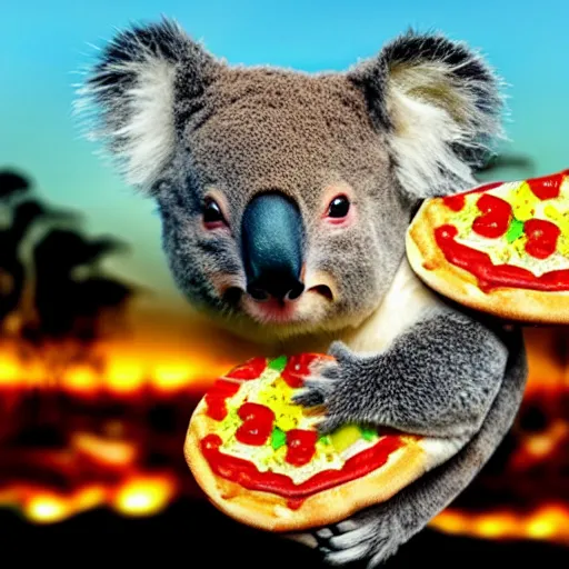 Prompt: koala surfing on pizza at night