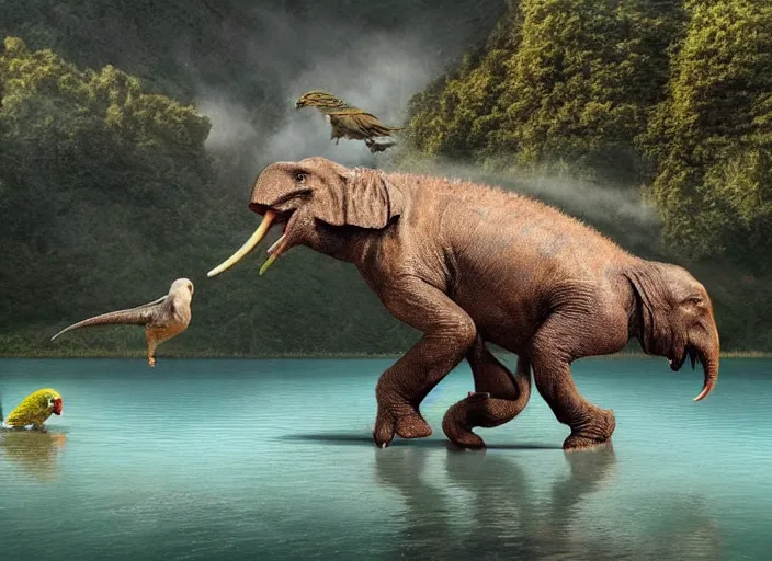 Prompt: a tyrannosaurius elephant chimera walking besides a jurassic lake, with a man budgie chimera riding on his back,