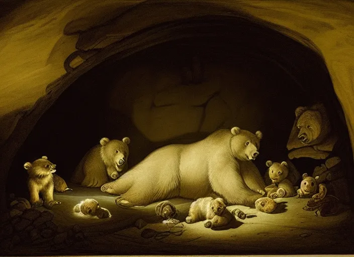 Image similar to Pieter Claesz's 'bear and her cubs sleeping in a dark cave lit by campfire', night time, cross hatching, framed