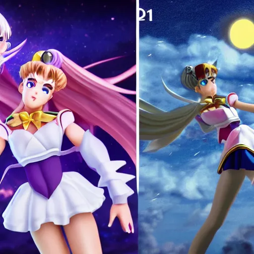 Image similar to super sailor moon vs absolute evil extreme details volumetric lighting epic dramatic realistic unreal engine render