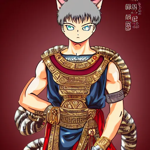 Image similar to illustration of the roman emperor augustus neko man half cat, character design, art station, epic, elegant, masterpiece of akira toriyama