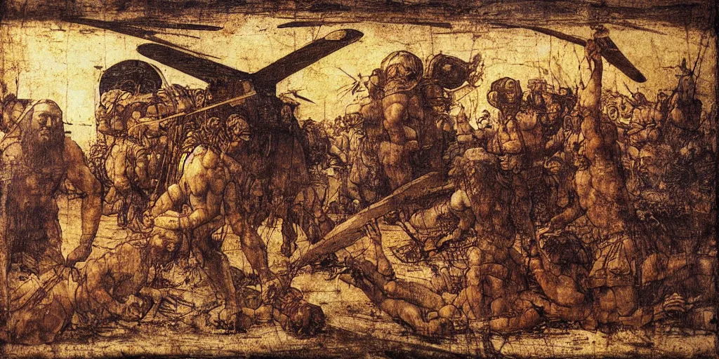 Prompt: Colored 4k movie scene of Leonardo Da Vinci crashinh on the ground on a wooden helicopter prototype. Film scene. Dust. Flames. Leonardo Da vinci in panic. Great light. Sunny day.