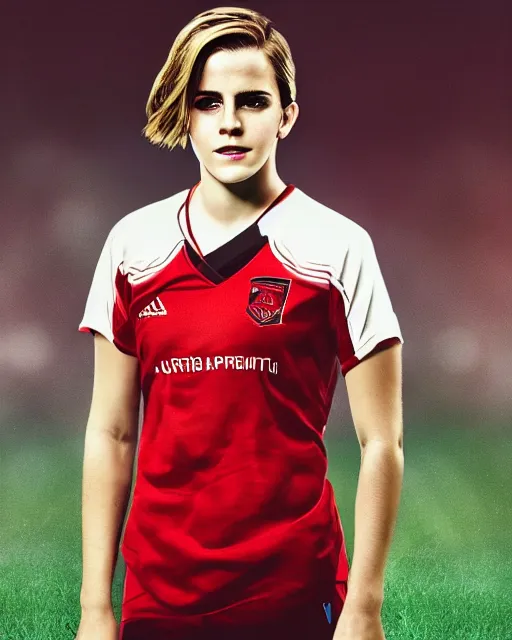 Image similar to a portrait of emma watson as a lokomotiv football player, hyper realistic