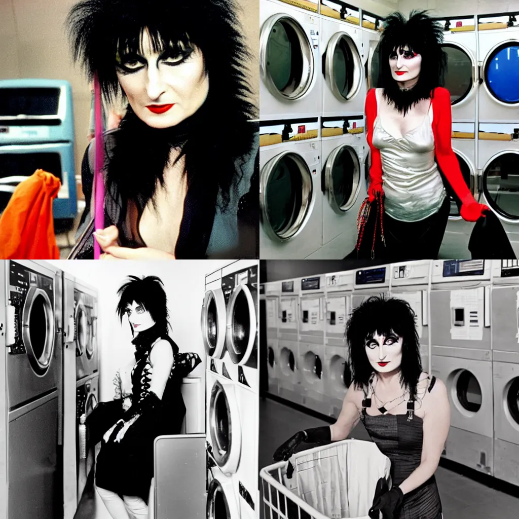 Prompt: siouxsie sioux doing her laundry at a local laundromat