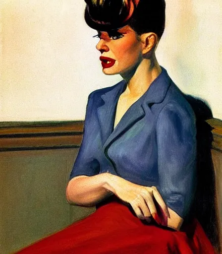 Image similar to a high quality, high detail, portrait of a drag queen by edward hopper, intense look in the eyes, moody, nostalgic