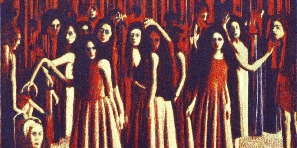 Image similar to a film still of suspiria by dario argento 1 9 7 7 movie, painted by georges seurat, impressionism, pointillism, high quality, detailed, print!, poster,