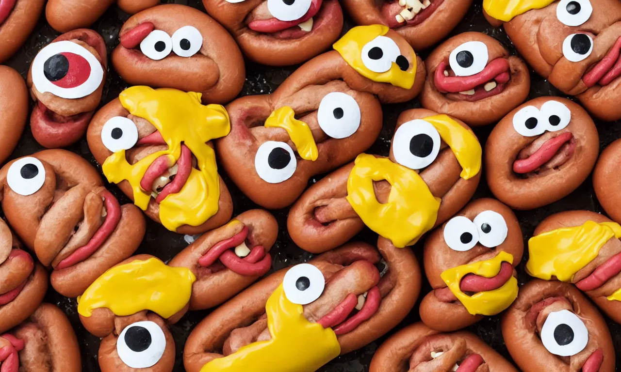 Image similar to happy smiling hotdogs with googly eyes having fun, dripping with ketchup and mustard and cheese, photorealistic