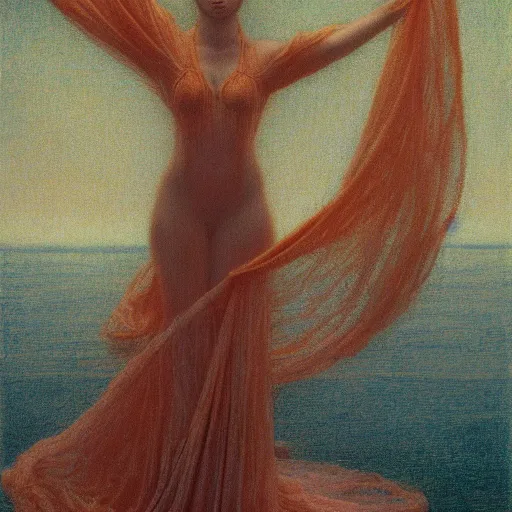 Image similar to beautiful woman suspended in water with silk clothing , 4k, by Jean Delville, cinematic lighting