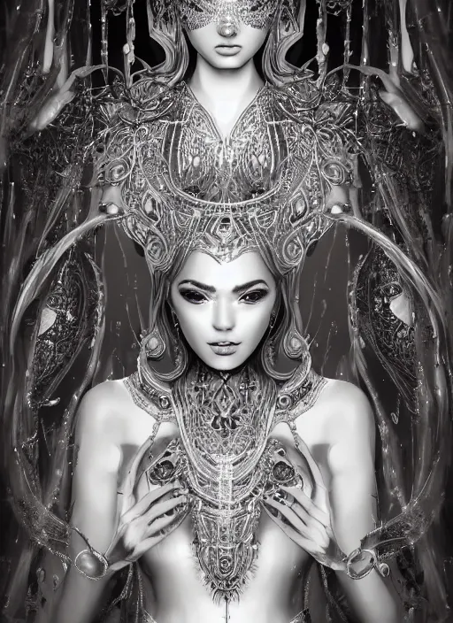 Image similar to beautiful full body concept art, photorealistic symmetrical beautiful face, female priestess with shiny hair wearing full intricate clothing standing in a slimy temple, godray, intricate lighting, micro detail, cg society