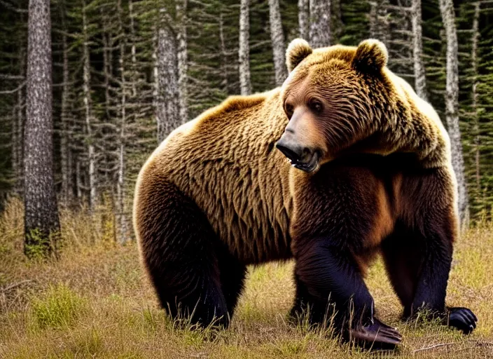 Prompt: photo of chuck norris riding his grizzly bear, in the forest. horror style. highly detailed 8 k. intricate. life - like. soft light. sony a 7 r iv 5 5 mm. award winning photography.