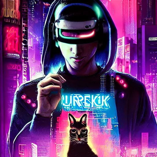 Image similar to cyberpunk cat, retro, movie poster
