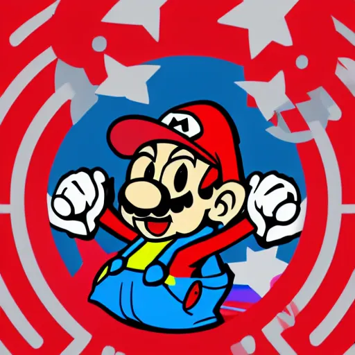 Image similar to svg sticker of a Pop-Wonder SuperMario, Mario-Wearing-a-red-hat, at a rave, spinning records, giant headphones rocking out, wearing headphones, huge speakers, dancing, rave, DJ, spinning records, digital art, amazing composition, rule-of-thirds, award-winning, trending on artstation, featured on deviantart