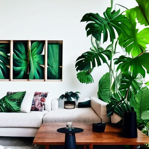 Image similar to a large loft with tropical plants and speakers, minimal style