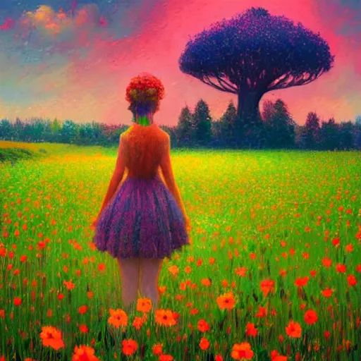 Image similar to girl made of flowers, standing in a flower field, big trees, sunrise dramatic light, impressionist painting, colorful clouds, digital painting, pointillism, artstation, simon stalenhag