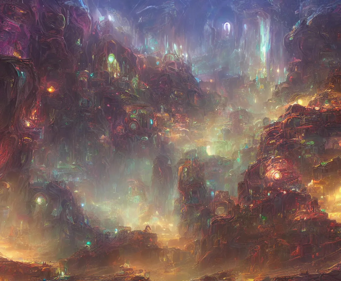 Image similar to detailed painting of an intricate fantasy sci-fi-world, colorful, dreamy, concept art