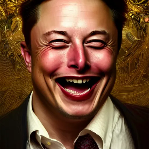 Image similar to Portrait of Elon Musk laughing hysterically as stock prices crash, fantasy, intricate, elegant, highly detailed, digital painting, artstation, concept art, matte, sharp focus, illustration, art by Artgerm and Greg Rutkowski and Alphonse Mucha, portrait