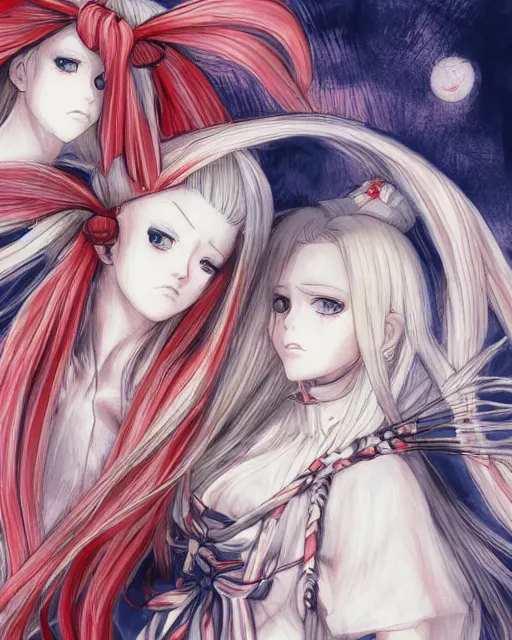 Image similar to illustration of a blonde twintails hair with ribbons anime girl with red eyes in the style of studio ghibli, ayami kojima, akihiko yoshida and 90's anime