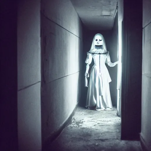 Image similar to creepy ghost woman in a corset standing at the end of a dark hallway