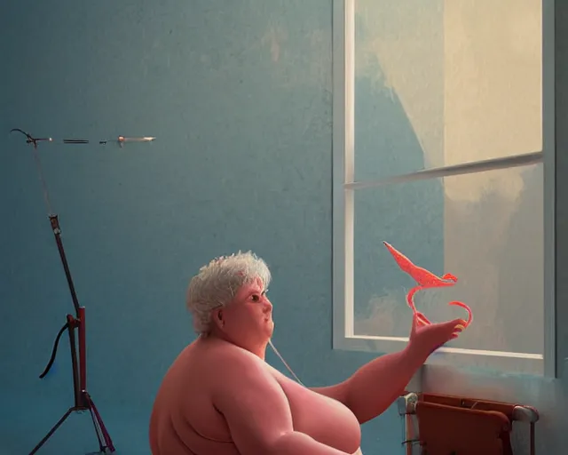 Prompt: delicate and beautiful scene in hyper realistic style, of a fat old woman is sculpting a huge colorful fish on the wall. lighting from the barred window. shadows. 4 k. wide angle. very detailed. red mouth, blue eyes. deep focus, lovely scene. ambient occlusion render. unreal engine.