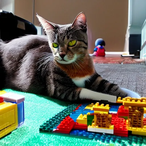 Image similar to a cat destroying a lego city