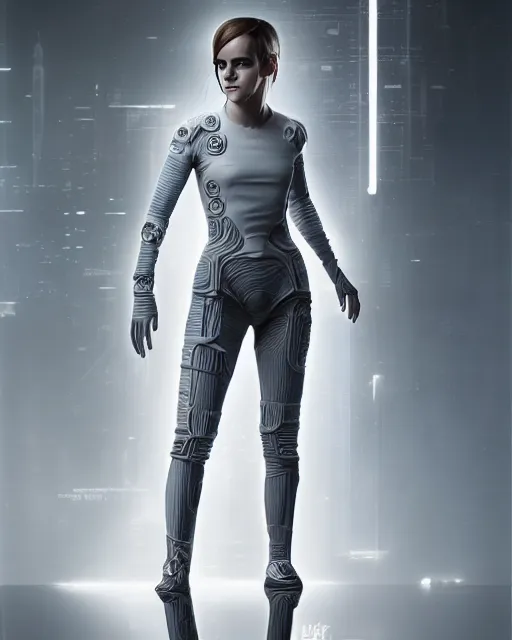 Image similar to full body shot of emma watson dressed in futuristic cyberpunk clothing, hogwarts, d & d, soft diffused light, bjork aesthetic, translucent, by rineke dijkstra and artgerm, intricate details, highly detailed, masterpiece, 8 5 mm