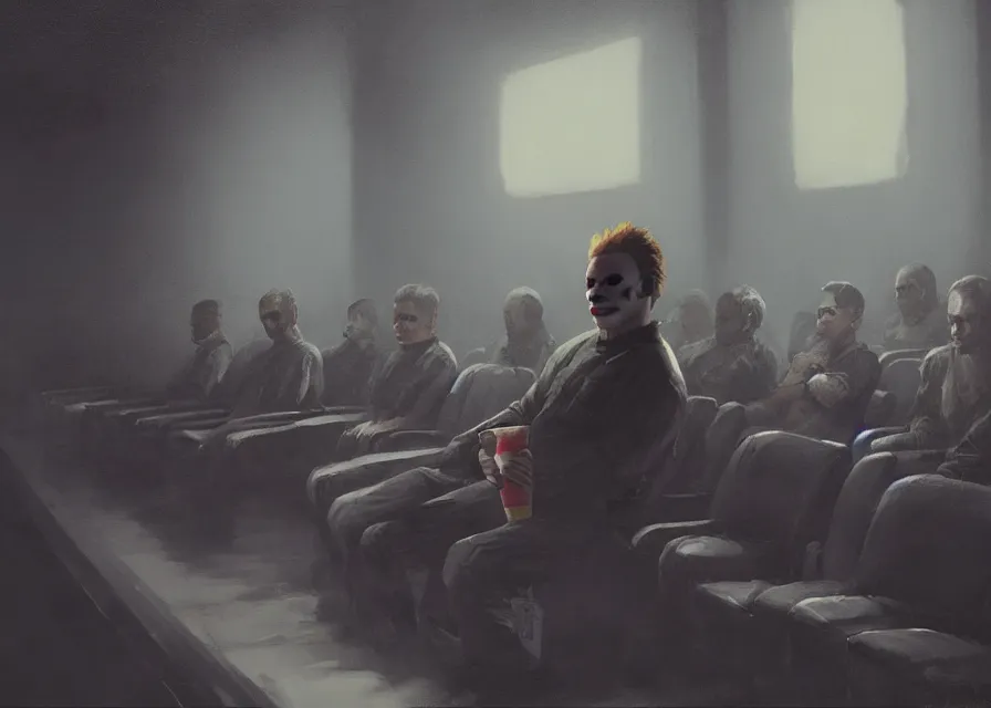 Image similar to painting of Michael Myers sitting in a row of movie theater seats eating popcorn, sharp focus, face focused, trending on ArtStation, masterpiece, by Greg Rutkowski, by Ross Tran, by Fenghua Zhong, octane, soft render, oil on canvas, moody lighting, high contrast, cinematic, professional environmental concept art