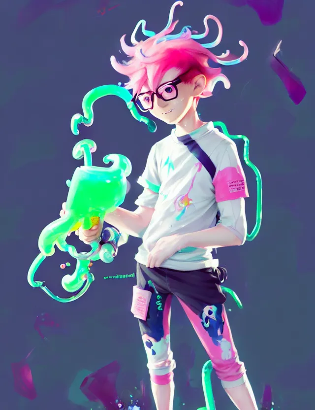 Image similar to a beautiful fullbody portrait of a cute splatoon anime boy with pink hair and green eyes wearing sports clothing leggings. character design by cory loftis, fenghua zhong, ryohei hase, ismail inceoglu and ruan jia. artstation, volumetric light, detailed, photorealistic, fantasy, rendered in octane