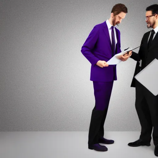 Image similar to woman in a purple suit scolding man holding clipboard, realistic, 4 k