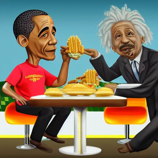 Image similar to Einstein and Obama sitting at McDonalds, ultra detailed, photorealistic, dramatic lighting