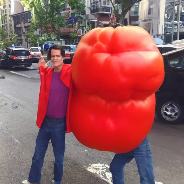 Prompt: jim carrey in a tomato costume