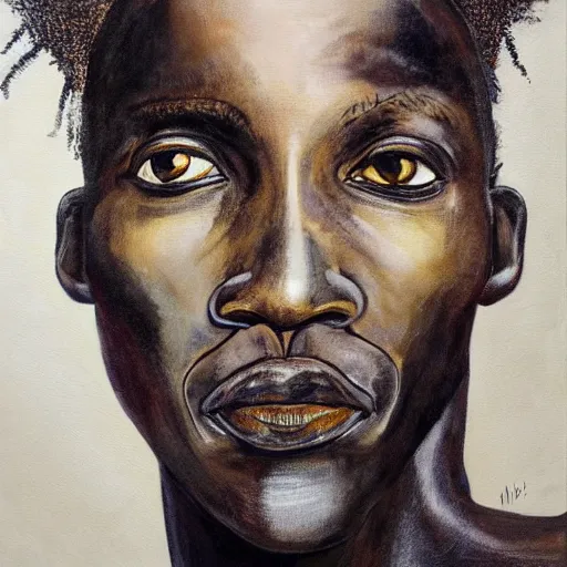 Image similar to a painting of a elegant, well fed, smooth-chinned, long nose, African, elder with few eyebrows by Wangechi Mutu . thinker without facial hair, thoughtful, focused, visionary, calm, jovial, loving, fatherly, generous, . dramatic angle, ethereal lights, details, smooth, sharp focus, illustration, realistic, cinematic, artstation, award winning, rgb , unreal engine, octane render, cinematic light, macro, depth of field, blur, red light and clouds from the back, highly detailed epic cinematic concept art CG render made in Maya, Blender and Photoshop, octane render, excellent composition, dynamic dramatic cinematic lighting, aesthetic, very inspirational, arthouse.