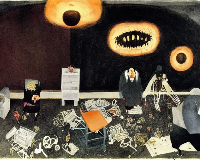 Image similar to the horror of beaurocracy, papers, horror, desks, office, waiting, stress, frustration, anger, crowded, harsh cinematic lighting, high qulity, 4 k, by charles addams and hilma af klint and affandi