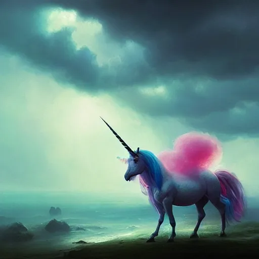 Prompt: Unicorn made of rainbow cotton candy, eerie, emotion, scenery, oil painting, Tooth Wu, Greg Rutkowski, RPG, dynamic lighting, fantasy art, high contrast, depth of field, landscape, scenery