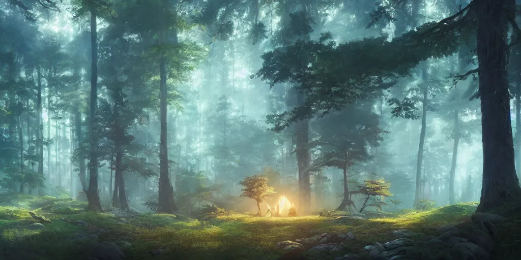 Prompt: a forest, detailed oil painting, cinematic angle, hyperrealistic, breathtaking, volumetric lighting, Studio Ghibli, Jessica Rossier, digital art, octane render, epic composition, trending on artstation, masterpiece