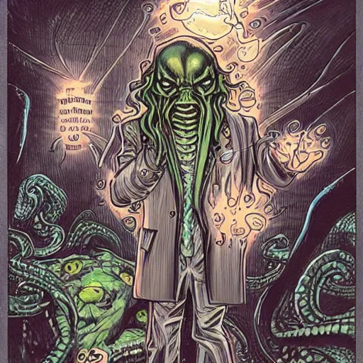 Image similar to Cthulhu as a modern day business man with a family and a drug and gambling addiction, necronomicon is the family Bible , Junji Ito and Greg rutkowski, psychedelic , 50s style infomercial , award winning , retro futuristic