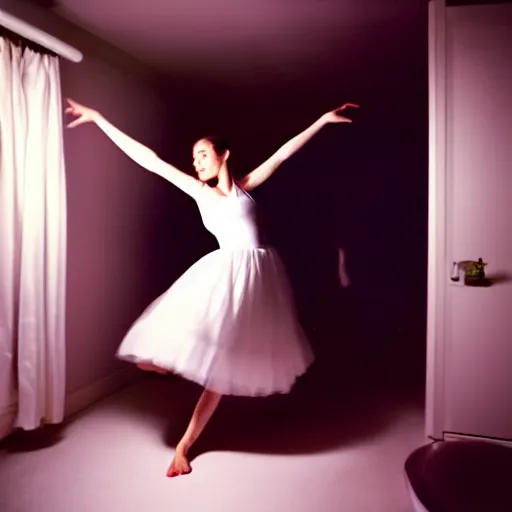 Prompt: cute girl wearing white dancing joyfully in her bedroom at night, cyberpunk lighting, photographed by annie leibovitz