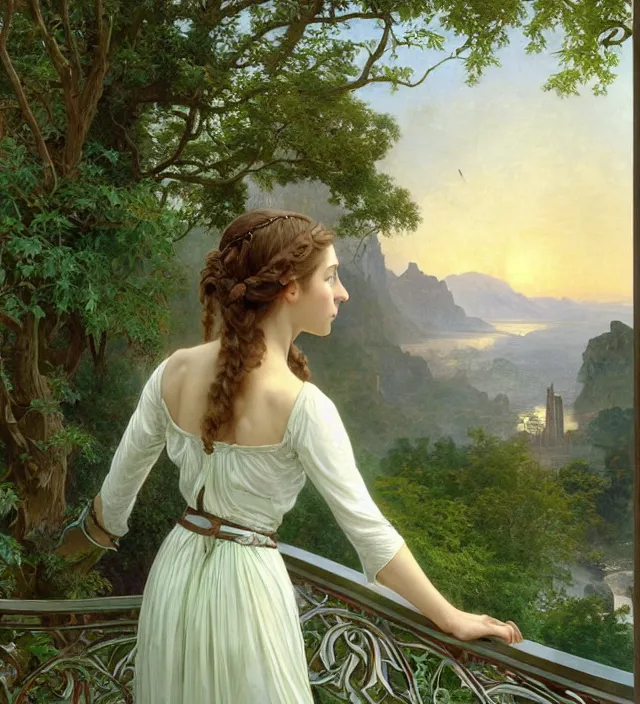 Image similar to intricate oil painting of a young elf alicia vikander with pointed elf ears wearing ornate white and light green dress with silver belt, looking out at sunrise over rivendell from her art nouveau balcony, elegant, digital painting, sharp focus, illustration, ultra realistic, 8 k, by bouguereau, alphonse mucha, artgerm, and donato giancola