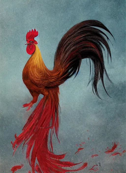 Image similar to a gorgeous rooster japanese art with a red scarf, medium long brown hair, green eyes, is looking at a bird, ethereal, horror, fantasy art by greg rutkowski and magali villeneuve and claude monet