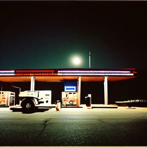 Image similar to a cinestill photography, it's night, the city is quiet, a car is parked at the last gas station at the edge of town, in the darkness eyes watch us, cinestill 800