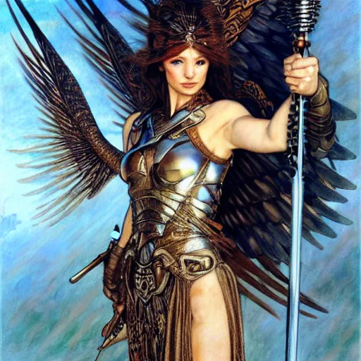 Image similar to quarter length portrait of a winged, armored female valkyrie with a flaming sword, d & d, fantasy, luis royo, magali villeneuve, donato giancola, wlop, krenz cushart, hans zatka, klimt, alphonse mucha