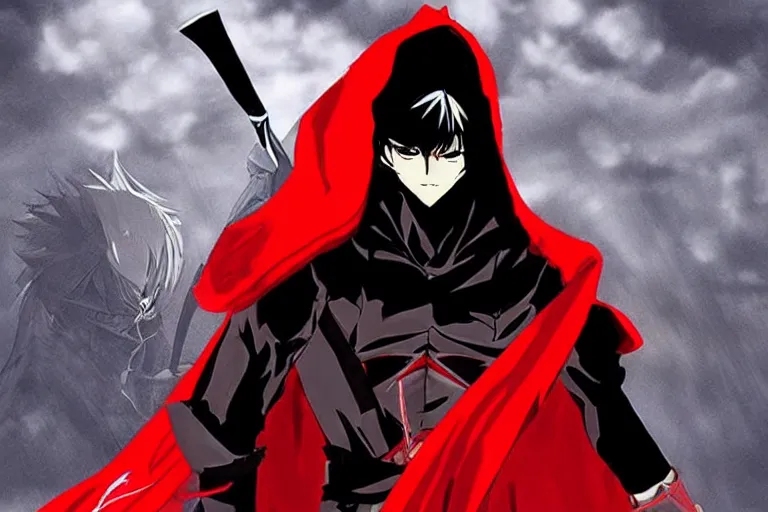 Prompt: a twin blade muscular swordsman, red and black cape and hoodie, scary, intimidating, worn out clothes, torn clothes, as a manga by tite kubo