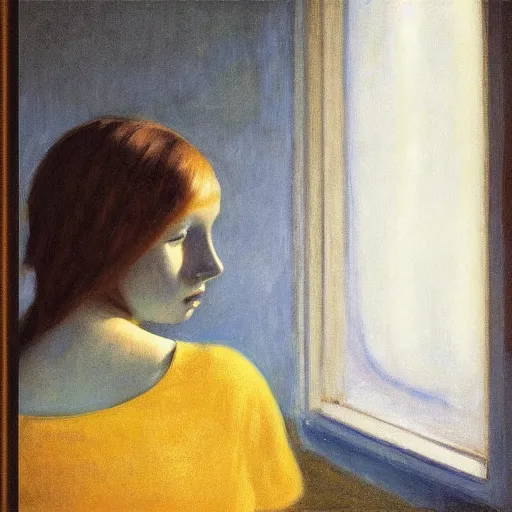 Prompt: close up of a girl in a blue and gold haunted liminal abandoned room, film still by edward hopper, by gottfried helnwein, by klimt, art noveau, highly detailed, strong lights, liminal, eerie, bright pastel colors,