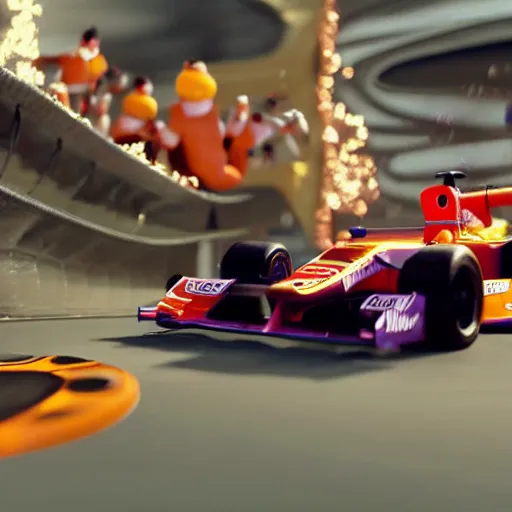 Prompt: willy wonka driving an f1 car with a pit crew of oompa loompas. Beautifully detailed. 8k. Cinematic lighting.