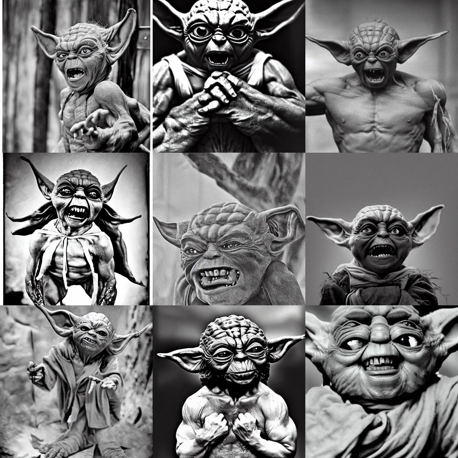 Prompt: muscular evil horror yoda, black and white grainy film, screaming, crying, by maxim verehin