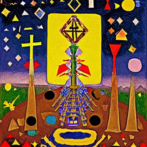 Image similar to pixel decollage painting tarot lovers card composition tower of babel road red armor maggot bear and wonky alien frog skeleton knight on a horse in a dark red cloudy night sky with golden foil jewish stars, occult symbols and diamonds, mountain lake and blossoming field in background, painted by Mark Rothko, Helen Frankenthaler, Danny Fox and Hilma af Klint, pixelated, neo expressionism, semi naive, pastel colors, cinematic, color field painting, cave painting, voxel, pop art look, outsider art, minimalistic. Bill Traylor painting, part by Philip Guston and Francis Bacon. art by Adrian Ghenie, very coherent symmetrical artwork, cinematic, hyper realism, high detail, octane render, unreal engine, Smooth gradients, depth of field, full body character drawing, extremely detailed, 8k, extreme detail, intricate detail, masterpiece