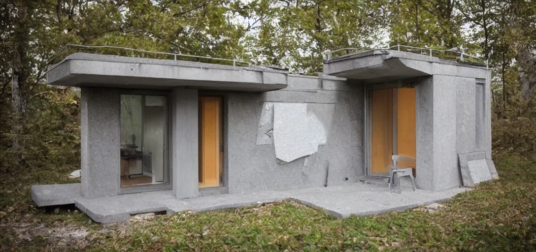 Image similar to brutalist tiny home made of stone