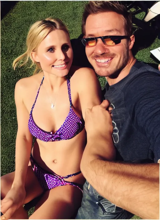 Prompt: pov date with kristen bell sitting on my lap in a bikini, 9 0 deg fov